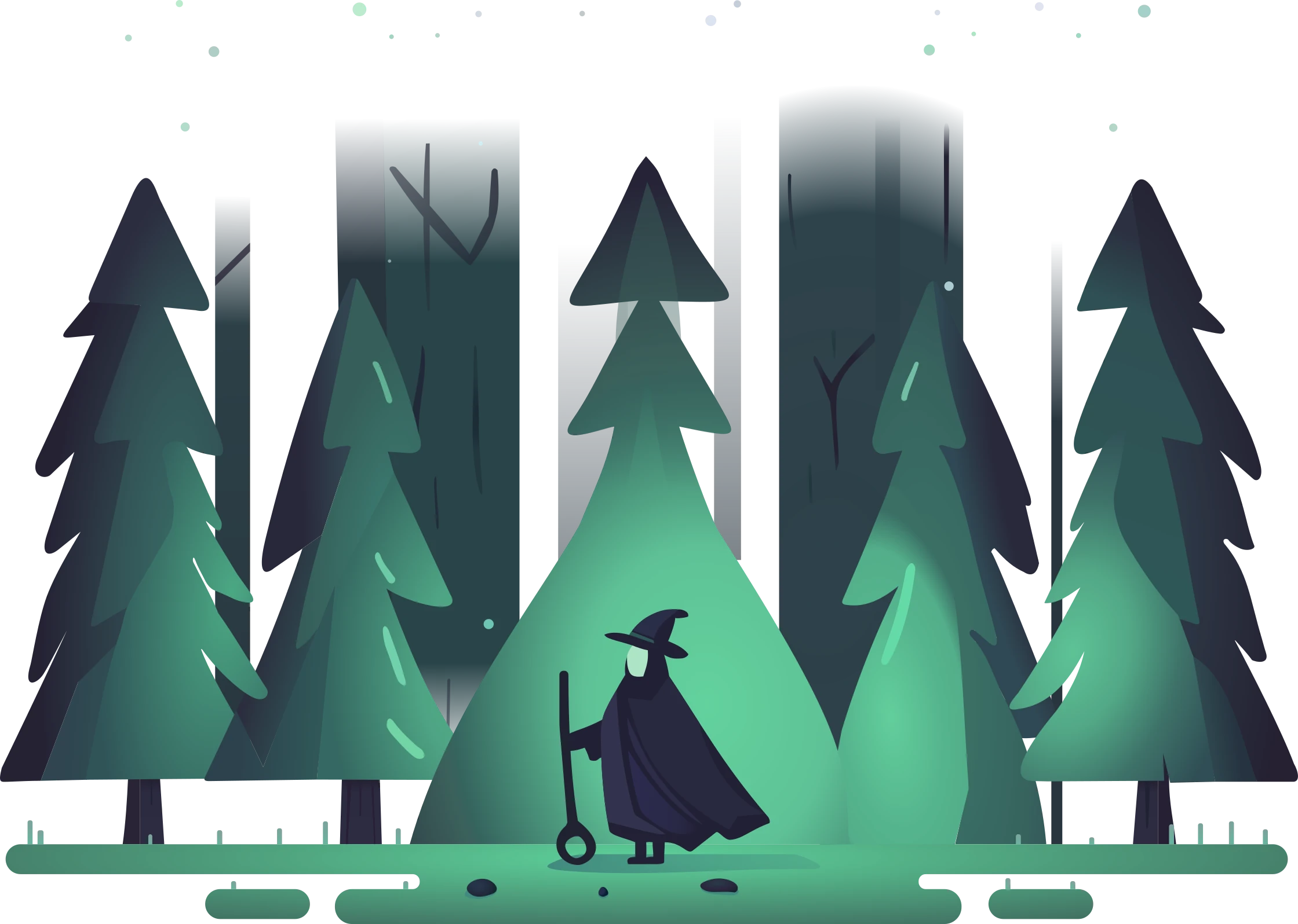 A cloaked wanderer with a staff stands in a glowing clearing of a night forest